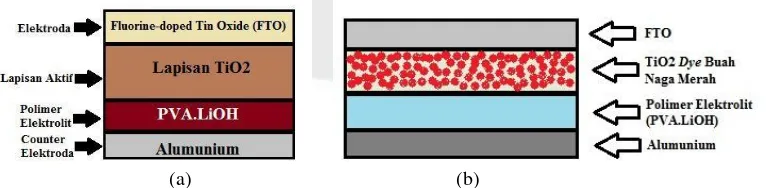 Gambar 2.1 Struktur sel surya yang dikembangkan, (a) tanpa dye, (b) dengan dye