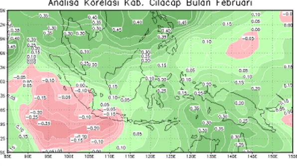 Gambar 6.  Korelasi antara curah hujan Kabupaten Cilacap dan SPL wilayah Indonesia pada bulan  Januari-Juni