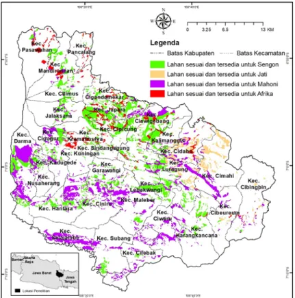 Gambar 5. Peta kesesuaian dan ketersediaan lahan untuk komoditas hutan rakyat di Kabupaten Kuningan  Perwilayahan Komoditas Unggulan  