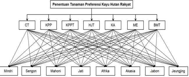 Gambar 1. Struktur hierarki AHP dalam pemilihan jenis tanaman kayu preferensi hutan rakyat   di Kabupaten Kuningan 