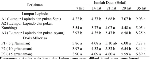 Tabel 2. Rerata Jumlah Daun Tanaman Sawi Hijau (B. juncea) pada Beberapa Kombinasi  Media Tanam Dan Dosis Mikoriza Pengamatan 7,14,21,28 dan 35 hst 