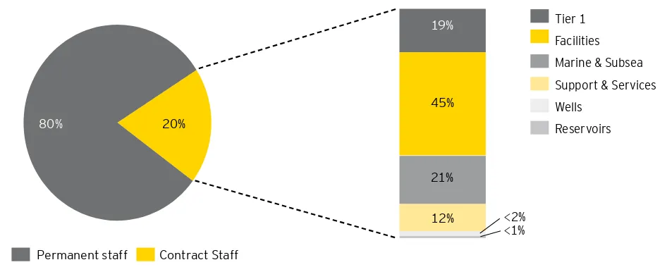 Figure 11: Permanent and contract staff as a proportion of total workforce –  overall and contract staff by sector