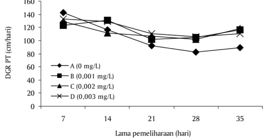 Gambar 6. Laju pertumbuhan harian benih patin jambal, P. djambal dengan perlakuan perbedaan dosis pemberian probiotik