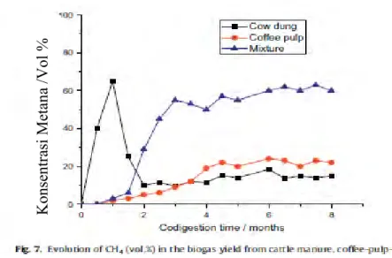 Gambar II.15  Evolusi CH 4  (% V) didalam yield biogas  darkotoran ternak dan limbah pulp kopi (Corro, dkk