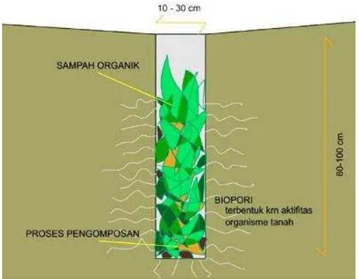 Gambar 3.11.  Biopori sangat berperan dalam meningkatkan penyerapan air ke dalam tanah (infiltrasi) dan sekaligus membuat pupuk organik 