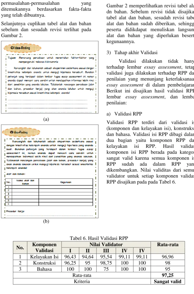 Gambar 2. Revisi Tabel Alat dan Bahan (a)  Sebelum (b) Sesudah 