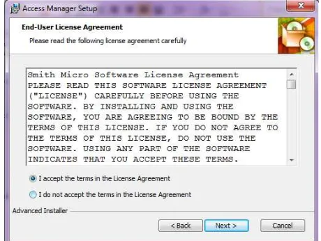 Gambar 3.2 3. Klik “I accept the terms in the License Agreement” lalu tekan Next untuk 