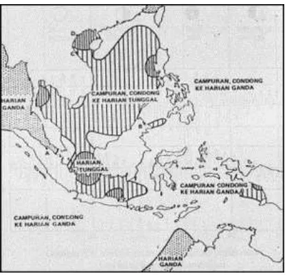 Gambar 2. Sebaran jenis-jenis pasang-surut di Indonesia dan sekitarnya (Nontji, 1993)