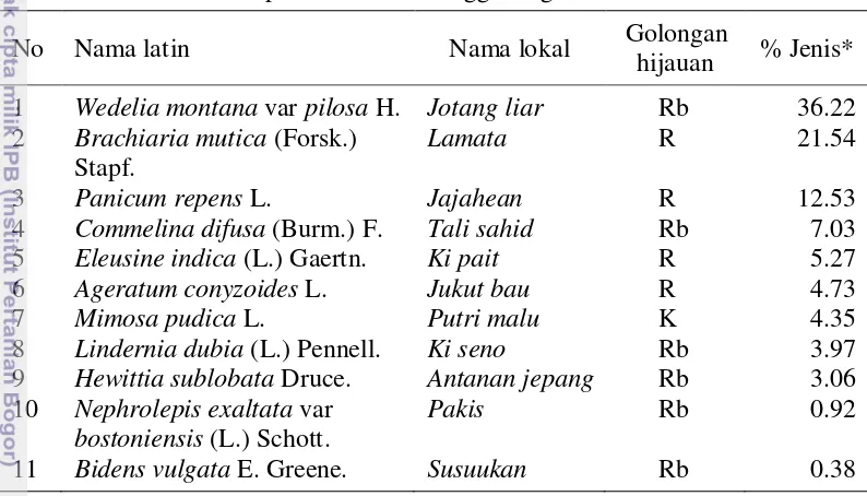 Tabel 8  Komposisi botani di tanggul irigasi Desa Situ Udik 