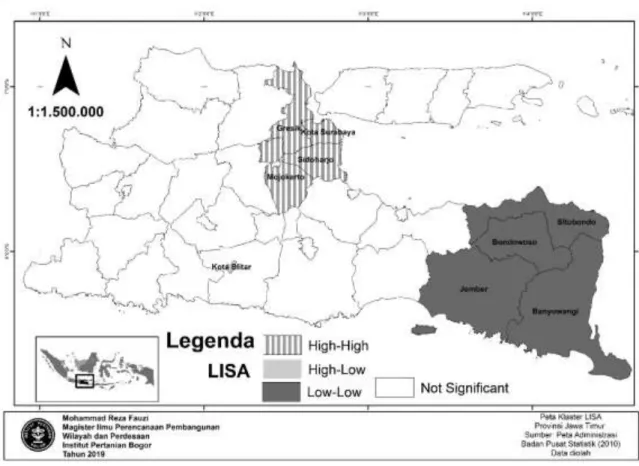Gambar 4. Peta klaster LISA kinerja pembangunan wilayah di Provinsi Jawa Timur 