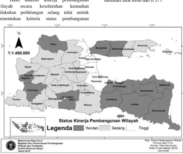 Gambar 3.  Peta kinerja pembangunan wilayah Provinsi Jawa Timur    Sumber: Data diolah 