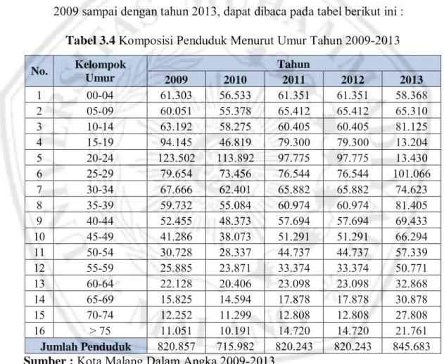 Tabel 3.4 Komposisi Penduduk Menurut Umur Tahun 2009-2013 