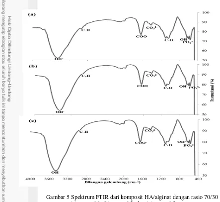 Gambar 5 Spektrum FTIR dari komposit HA/alginat dengan rasio 70/30 :  