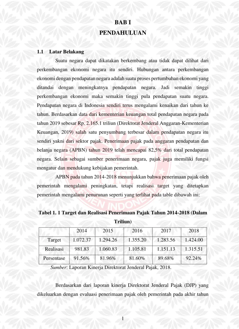 Tabel 1. 1 Target dan Realisasi Penerimaan Pajak Tahun 2014-2018 (Dalam  Triliun) 