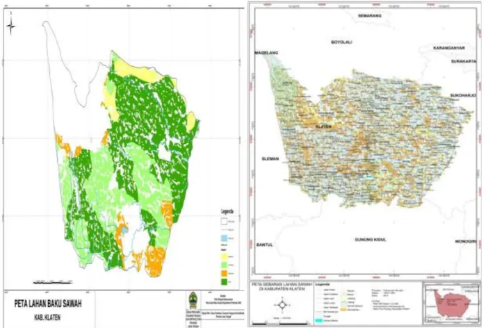 Gambar 1. Peta Sebaran Lahan Sawah di Kabupaten Klaten Tahun 2002 (kiri) dan 2016  (kanan) 