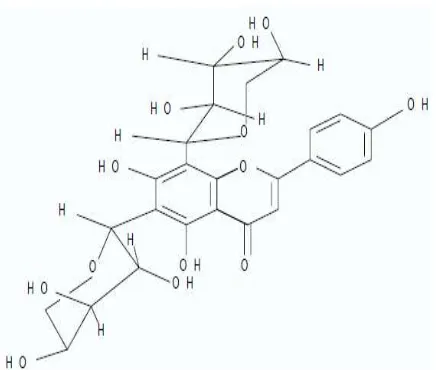Gambar 2.6 Struktur molekul 6,8-di-trihidroksi-flavon atau 6,8-diarabinosil-apigenin dikenal sebagai gandarusin α-L-arabinopiranosil-4’,5,7-A (Prajogo, 2002)  