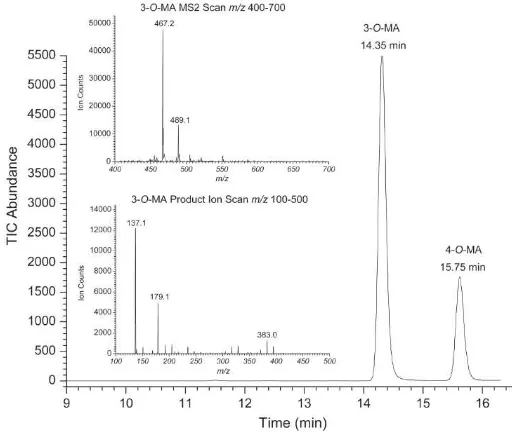 Gambar 2.9 ) Methylaspalathin) dan 4-O-MA (4-O-Methylaspalathin), dengan spektra skaning dan produk ion skaning dari 3-O-MA (Courts et al, 2009).Contoh kromatogram MRM LC-MS/MS dari 3-O-MA (3-O- 