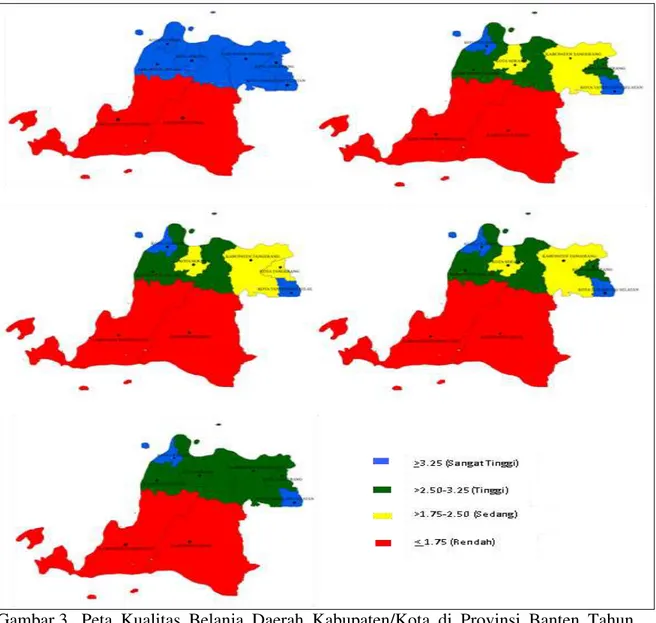 Gambar 3   Peta  Kualitas  Belanja  Daerah  Kabupaten/Kota  di  Provinsi  Banten  Tahun  2009-2013 