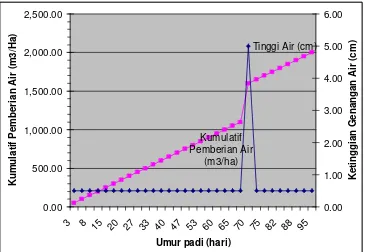 Gambar  3  Ketinggian dan Kumulatif Pemberian Air pada Metode SRI per Ha menurut waktu pemberian 