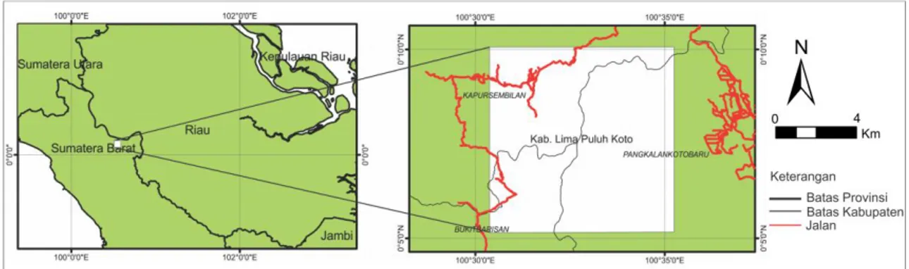 Gambar 1.1. Letak administratif lokasi penelitian yang berada pada Kabupaten Lima  Puluh Kota, Provinsi Sumatera Barat