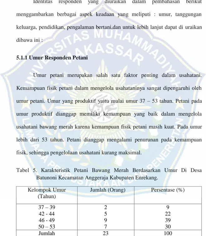 Tabel  5.  Karakteristik  Petani  Bawang  Merah  Berdasarkan  Umur  Di  Desa  Batunoni Kecamatan Anggeraja Kabupaten Enrekang