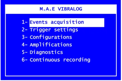 Gambar 5. Tampilan alat Vibralog.  Pada saat dinyalakan akan tampil 6 menu utama sebagai berikut : 