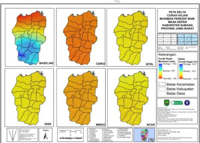 Gambar 7.  Curah hujan rata-rata Maret-April-Mei (MAM) tahun 1971-2000 menggunakan data  WorldClim (atas) dan proyeksi perubahan curah hujan MAM tahun 2021 – 2050 (%) menggunakan 