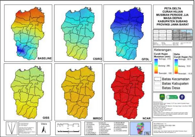 Gambar 8 . Curah hujan rata-rata Juni-Juli-Agustus (JJA) tahun 1971-2000 menggunakan data WorldClim  (atas) dan proyeksi perubahan curah hujan JJA tahun 2021 – 2050 (%) menggunakan model CSIRO, 