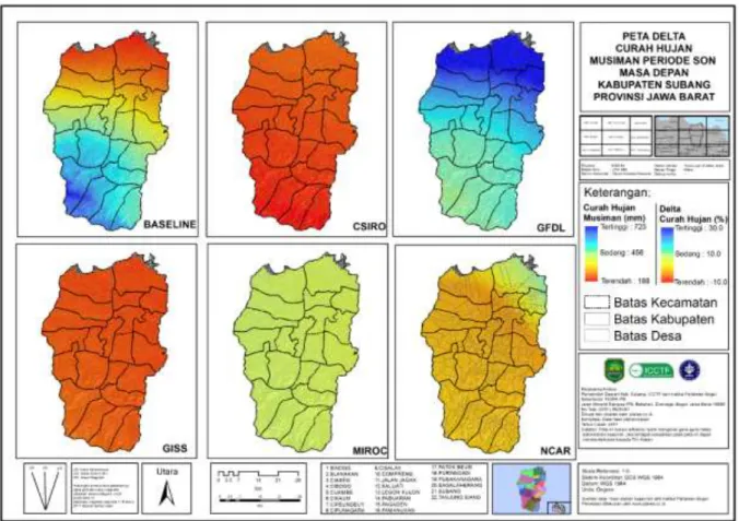 Gambar 9. Curah hujan rata-rata September-Oktober-November (SON) tahun 1971-2000 menggunakan  data worlclim (atas) dan proyeksi perubahan curah hujan SON tahun 2021 – 2050 (%) menggunakan 