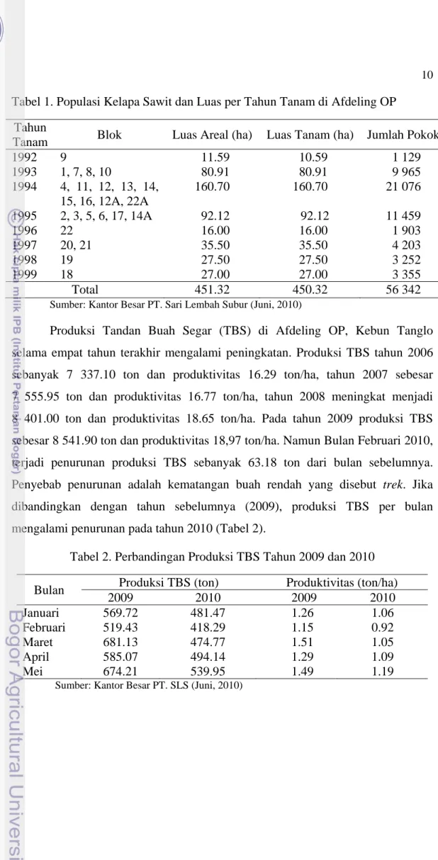 Tabel 1. Populasi Kelapa Sawit dan Luas per Tahun Tanam di Afdeling OP  Tahun 