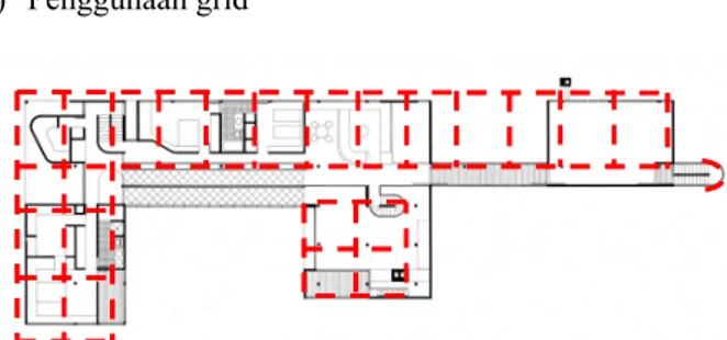 Gambar  1.  Site  Plan  (a)  Denah  lantai  dasar  (b).  denah  lantai  kedua (c), denah lantai ketiga (d)  dan potongan (e) dari House  in  Old  Westbury  (Sumber:  https://www.richardmeier.com/?  projects=house-in-old-westbury-2) 