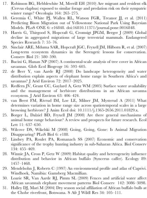 Figure S1Results of statistical modeling when exclud-ing non-migratory individuals. Model-averaged (over the setof 4096 candidate regression models) standardized regressioncoefficients for variables explaining wet season migratory move-ments in African buf