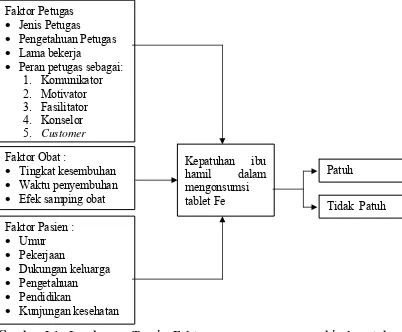 Gambar 2.1.  Landasan Teori Faktor yang mempengaruhi kepatuhan Konsumsi Tablet Fe (Sumber : Muninjaya, 2004; Herawati, 2007; Anonim, 2002; Anonim, 2008)