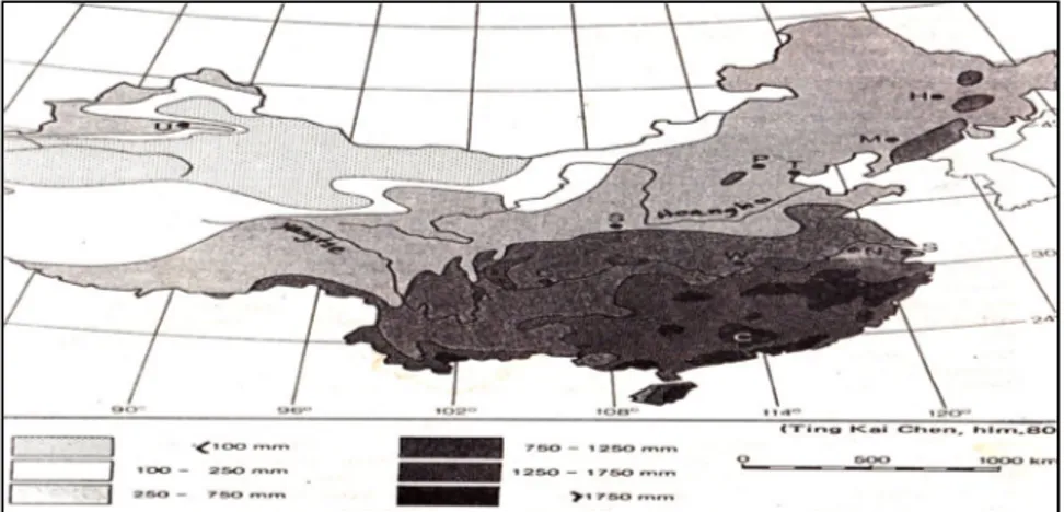 Gambar 11. Peta Curah Hujan di Cina  (Sumber: Daldjoeni, 1982:115) 