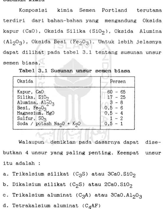 Tabel 3.1 Susunan unsur semen biasa