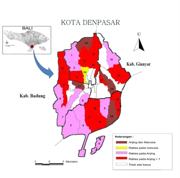 Gambar  1. Peta  persebaran  rabies  di Kota  Denpasar  tahun  2008-2015  di (1)  Desa  Ubung  Kaja, (2) Kelurahan Ubung, (3) Pemogan, (4) Serangan, (5) Pedungan, (6) Renon, 