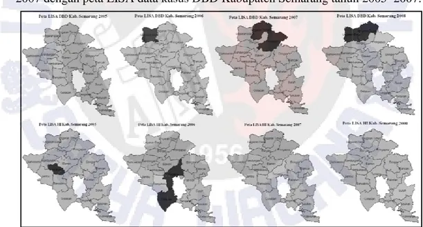 Gambar  14  merupakan  perbandingan  antara  peta  LISA  HI  tahun  2005- 2005-2007 dengan peta LISA data kasus DBD Kabupaten Semarang tahun 2005–2005-2007