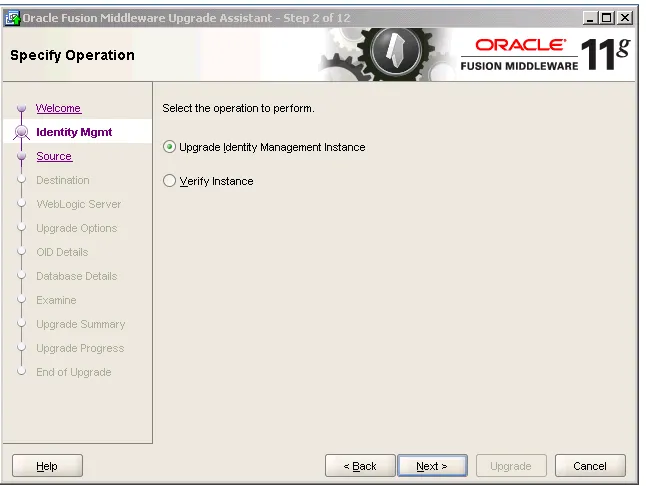 Figure 6–2Upgrade Assistant Select Operation Screen for an Oracle Virtual Directory Upgrade