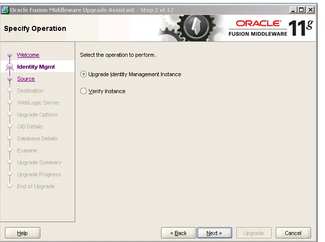 Figure 7–2Upgrade Assistant Select Operation Screen for an Oracle Identity Federation Upgrade