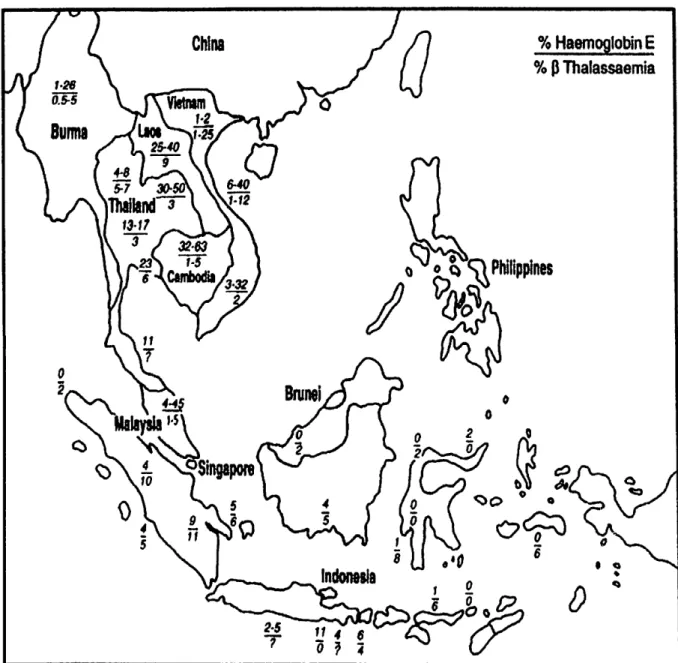 Figure 1.  Distribution of B thalassaemia and Hb E in South East Asia.  (Reprinted fron1  Weatheral  OJ,  1998)