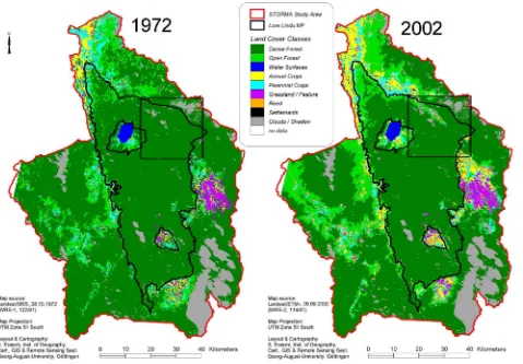 Figure 4: Land cover maps of the STORMA study area for 1972 (a) and 2002 (b) resulting from segmentation and fuzzy logic classification of Landsat/MSS and /ETM+ imagery taken over Central Sulawesi, Indonesia (the rectangle shows the image subset used in Figure 5) 