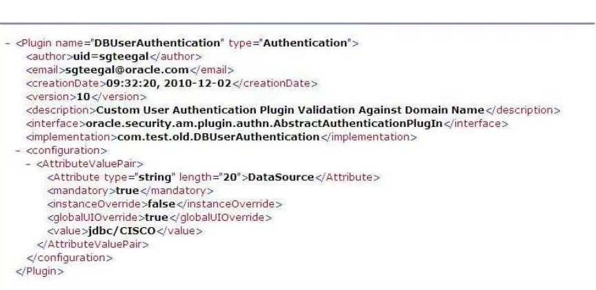 Figure 3–12XML Metadata: Database User Authentication Plug-in