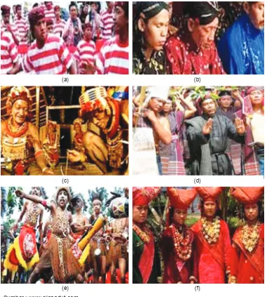 Gambar 4.8 Contoh Suku Bangsa di Indonesia, suku Madura (a), suku Jawa (b),  suku Mentawai (c), suku Batak (d), suku Asmat (e), dan suku Padang (f)