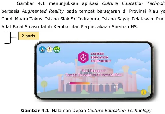 Gambar  4.1  menunjukkan  aplikasi  Culture  Education  Technology  berbasis  Augmented  Reality  pada  tempat  bersejarah  di  Provinsi  Riau  yaitu  Candi Muara Takus, Istana Siak Sri Indrapura, Istana Sayap Pelalawan, Rumah  Adat Balai Salaso Jatuh Kemb