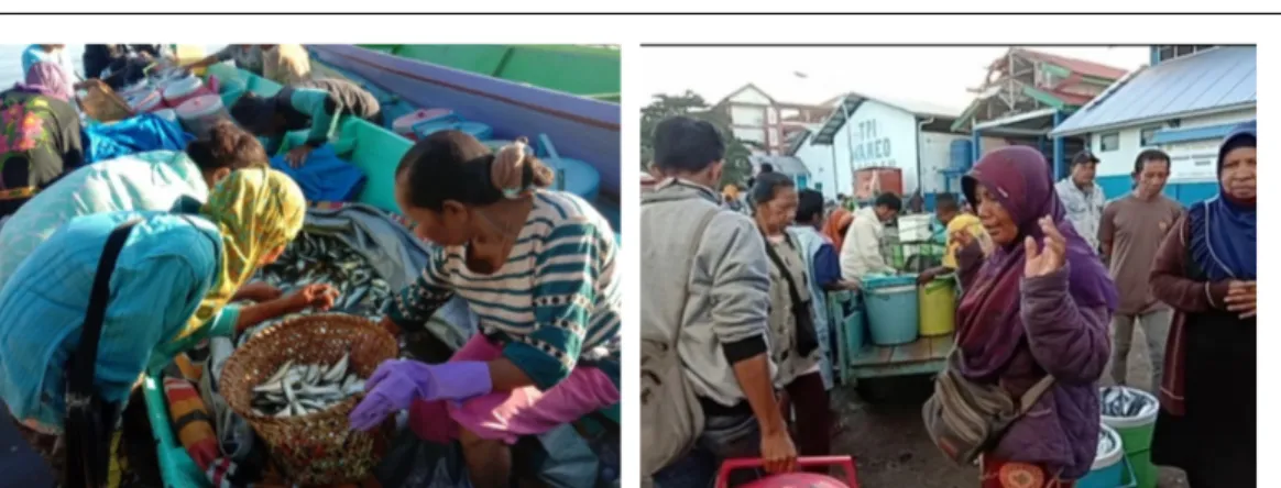 Gambar 4 (a) Aktivitas pengumpul di Desa Banabungi; (b) Aktivitas jual beli pengumpul Ke pengecer di PPI Wameo Kota Baubau