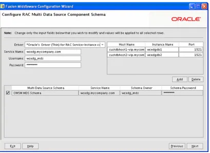 Figure 4–2Configure RAC Multi Data Source Component Schema Screen