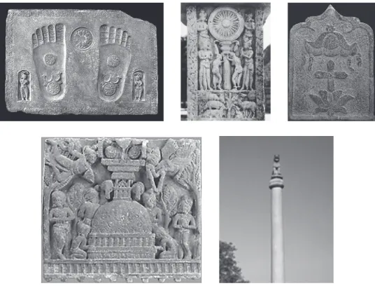 Gambar 1.  (Dari kiri atas ke kanan bawah) Jejak kaki Buddha, singgasana, payung, stupa, dan singa di atas pilar