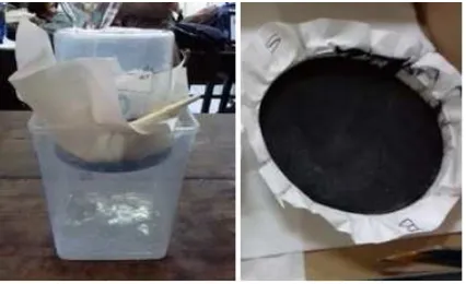 Figure 1: The simple ﬁltration apparatus (left) and themicro-sized carbon material from coconut shell leftovers(right).
