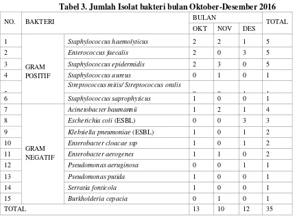 Tabel 3. Jumlah Isolat bakteri bulan Oktober-Desember 2016 
