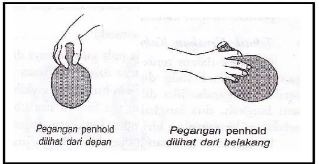 Gambar 4. Pegangan Shakehand Sisi Forehand dan Shakehand Sisi Backhand Sumber: Muhajir (2007: 29) 